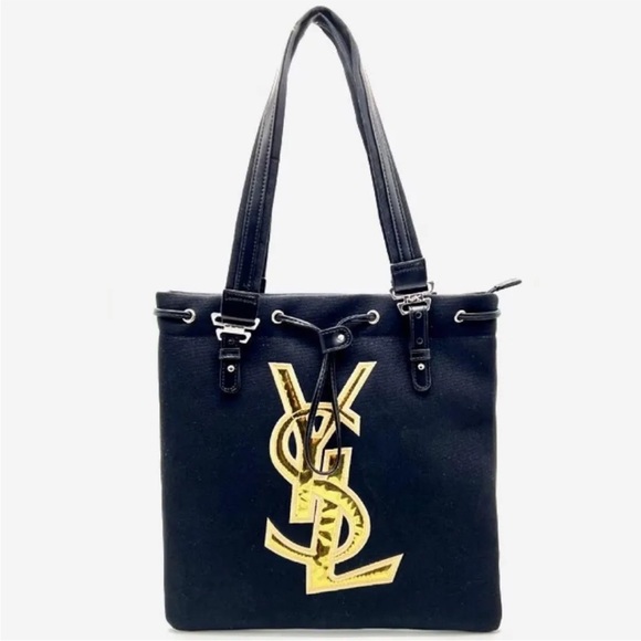 Yves Saint Laurent Handbags - SOLD Black Tote Bag Handbag Canvas Cosmetics Gold Logo